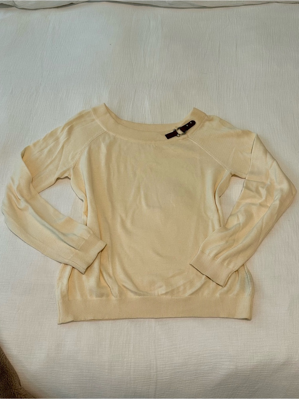 Ralph Lauren Petite Cream Knit Boatneck Sweater with Brown Leather Buckle